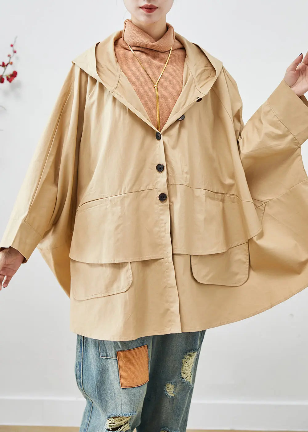 Chic Khaki Oversized Patchwork Cotton Coats Batwing Sleeve Ada Fashion