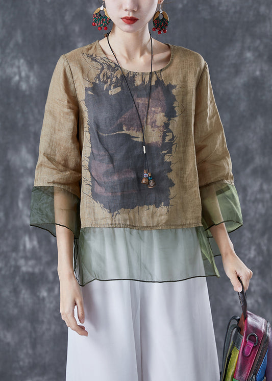 Chic Khaki Oversized Patchwork Organza Linen Shirts Bracelet Sleeve LY4093 - fabuloryshop