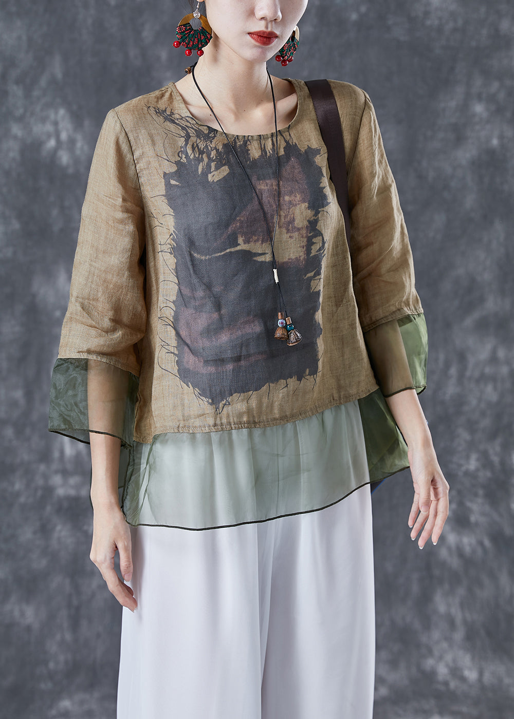 Chic Khaki Oversized Patchwork Organza Linen Shirts Bracelet Sleeve LY4093 - fabuloryshop