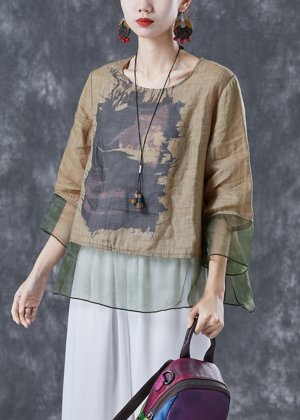 Chic Khaki Oversized Patchwork Organza Linen Shirts Bracelet Sleeve LY4093 - fabuloryshop