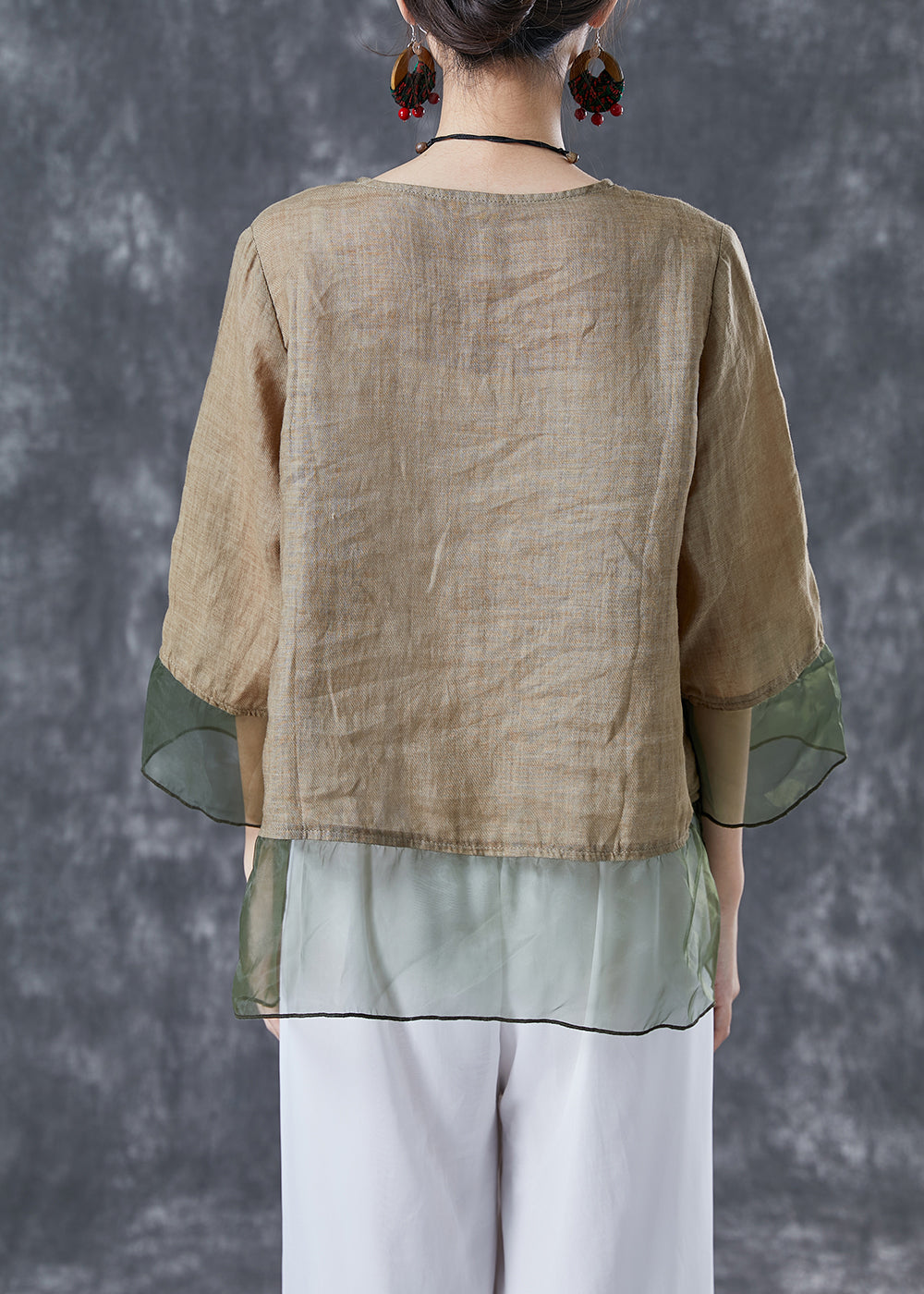Chic Khaki Oversized Patchwork Organza Linen Shirts Bracelet Sleeve LY4093 - fabuloryshop
