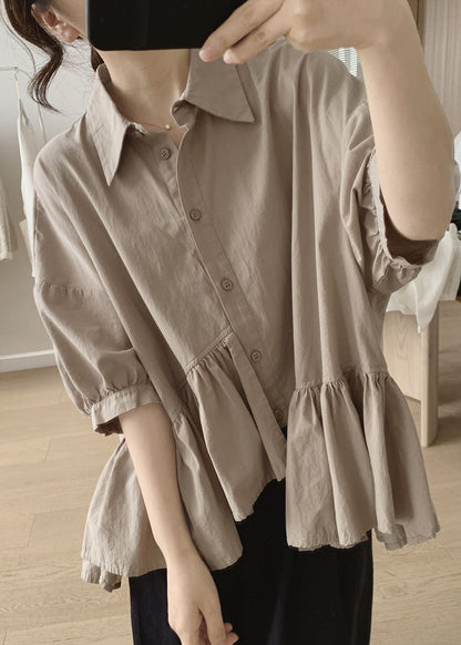 Chic Khaki Peter Pan Collar Asymmetrical Wrinkled Cotton Shirt Summer LY2174 - fabuloryshop