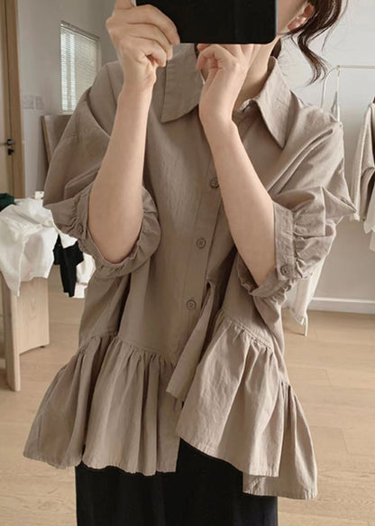 Chic Khaki Peter Pan Collar Asymmetrical Wrinkled Cotton Shirt Summer LY2174 - fabuloryshop