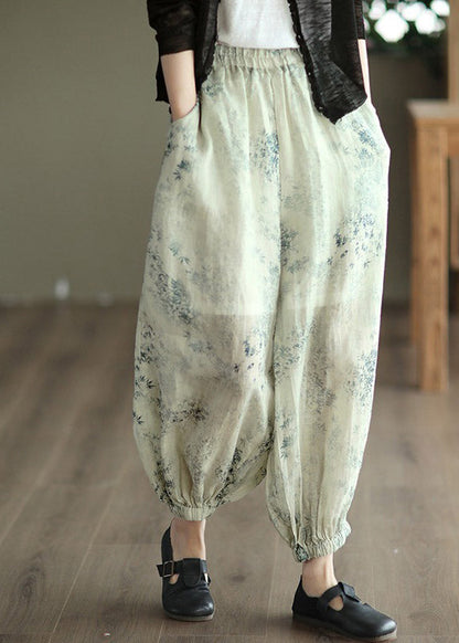 Chic Khaki Print Elastic Waist Linen Beam Pants Spring LY1501 - fabuloryshop