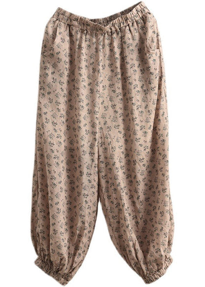 Chic Khaki Print Elastic Waist Linen Beam Pants Spring LY1501 - fabuloryshop