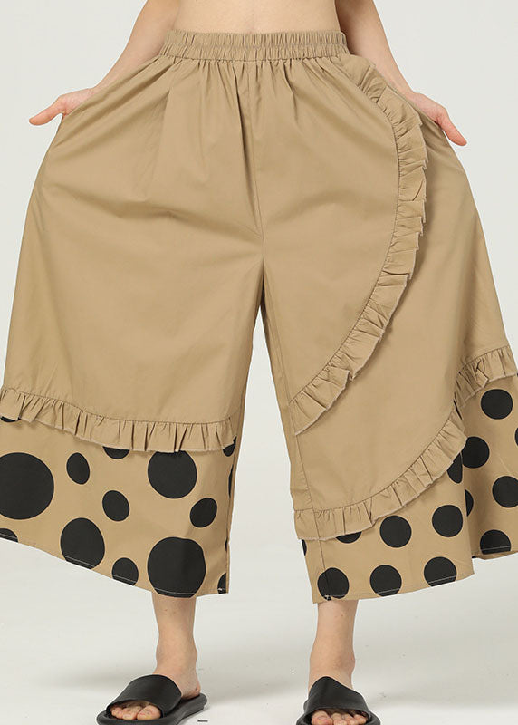Chic Khaki Ruffled Pockets Print Cotton Wide Leg Pants Summer LY1227 - fabuloryshop