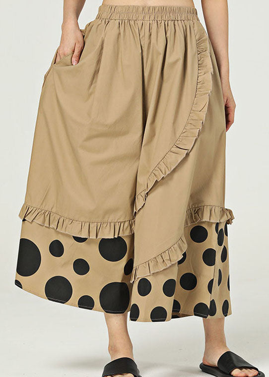 Chic Khaki Ruffled Pockets Print Cotton Wide Leg Pants Summer LY1227 - fabuloryshop