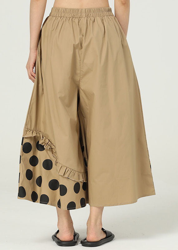 Chic Khaki Ruffled Pockets Print Cotton Wide Leg Pants Summer LY1227 - fabuloryshop