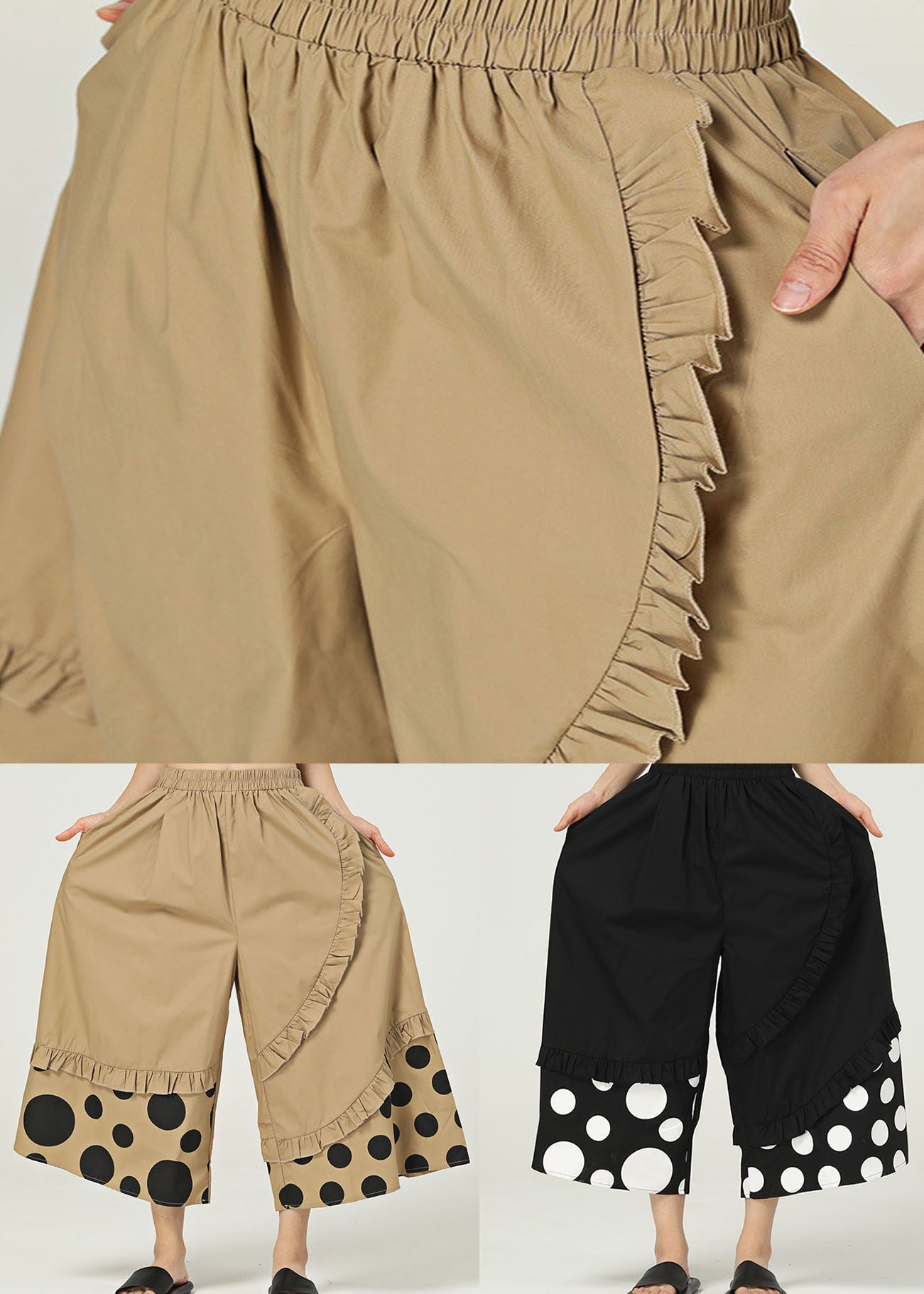 Chic Khaki Ruffled Pockets Print Cotton Wide Leg Pants Summer LY1227 - fabuloryshop