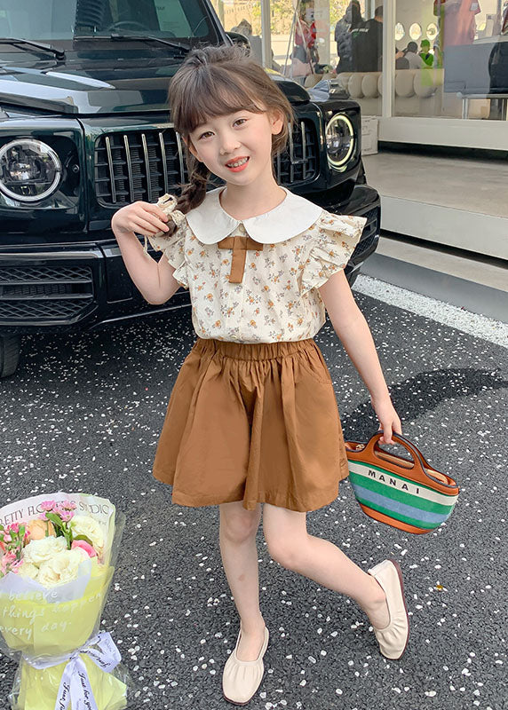 Chic Khaki Ruffled Print Patchwork Cotton Baby Girls Two Pieces Set Summer LY5513 - fabuloryshop