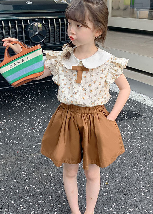 Chic Khaki Ruffled Print Patchwork Cotton Baby Girls Two Pieces Set Summer LY5513 - fabuloryshop
