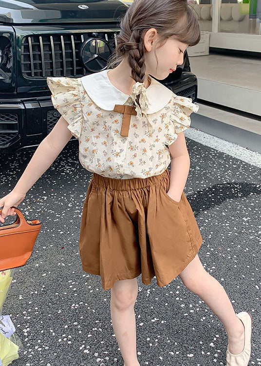 Chic Khaki Ruffled Print Patchwork Cotton Baby Girls Two Pieces Set Summer LY5513 - fabuloryshop