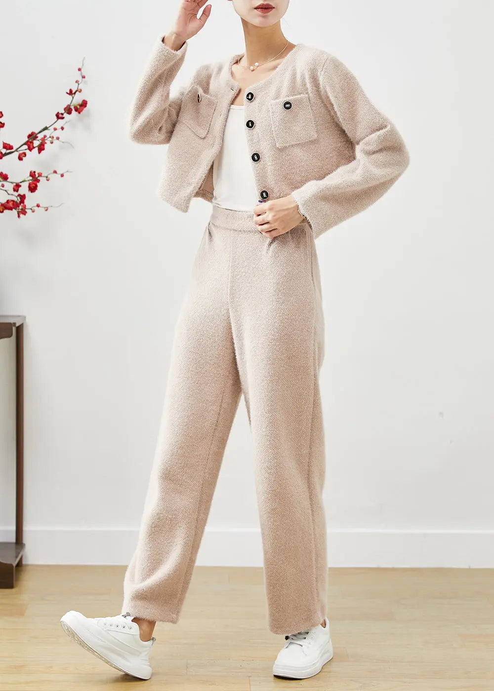 Chic Khaki Silm Fit Warm Fluffy Two Pieces Set Fall Ada Fashion