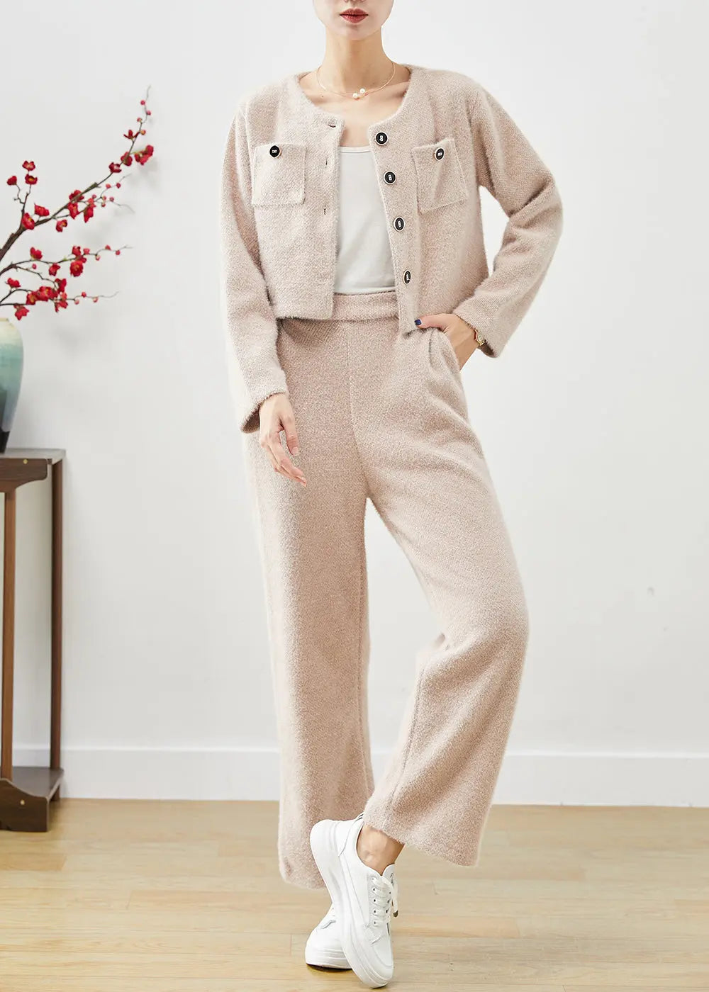 Chic Khaki Silm Fit Warm Fluffy Two Pieces Set Fall Ada Fashion