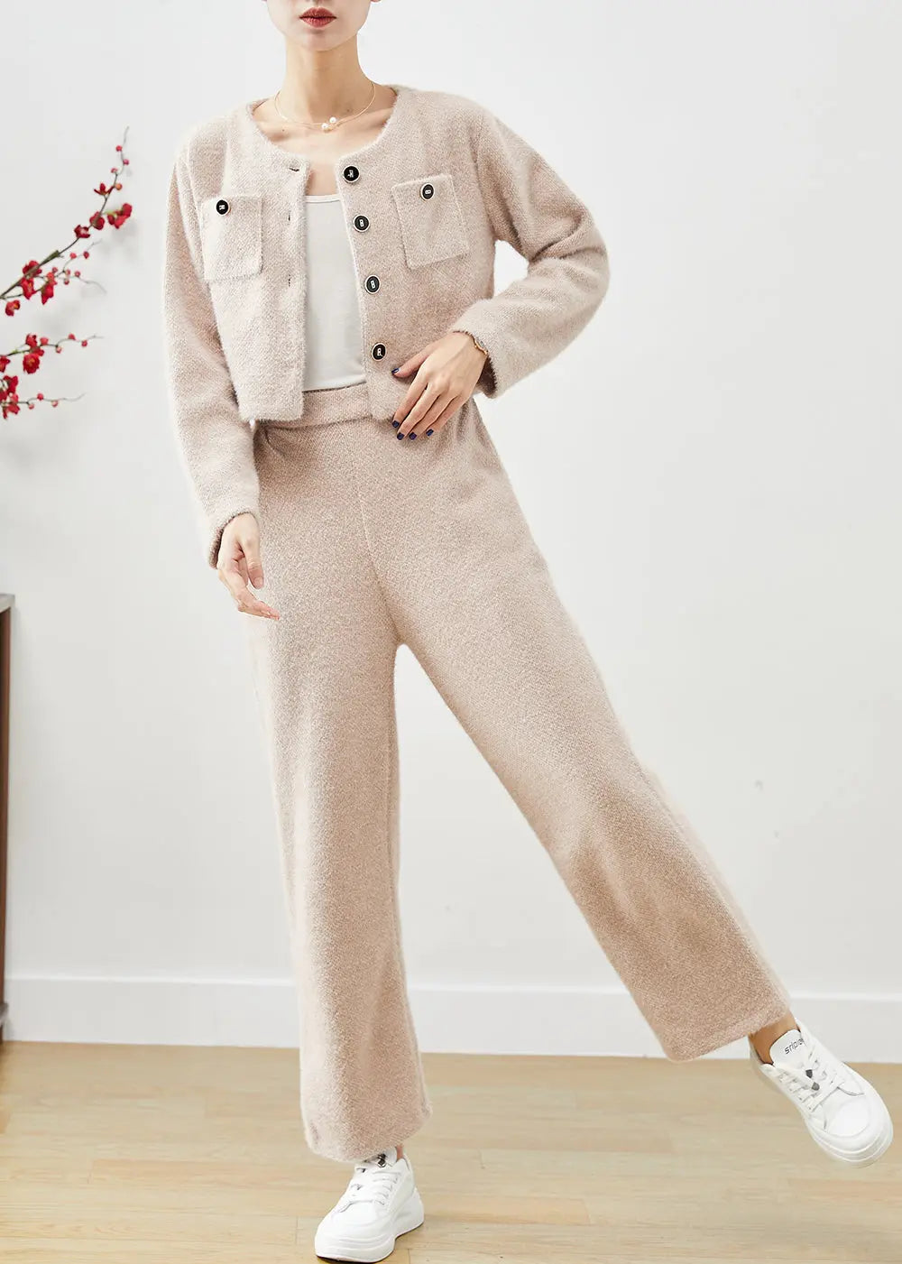 Chic Khaki Silm Fit Warm Fluffy Two Pieces Set Fall Ada Fashion