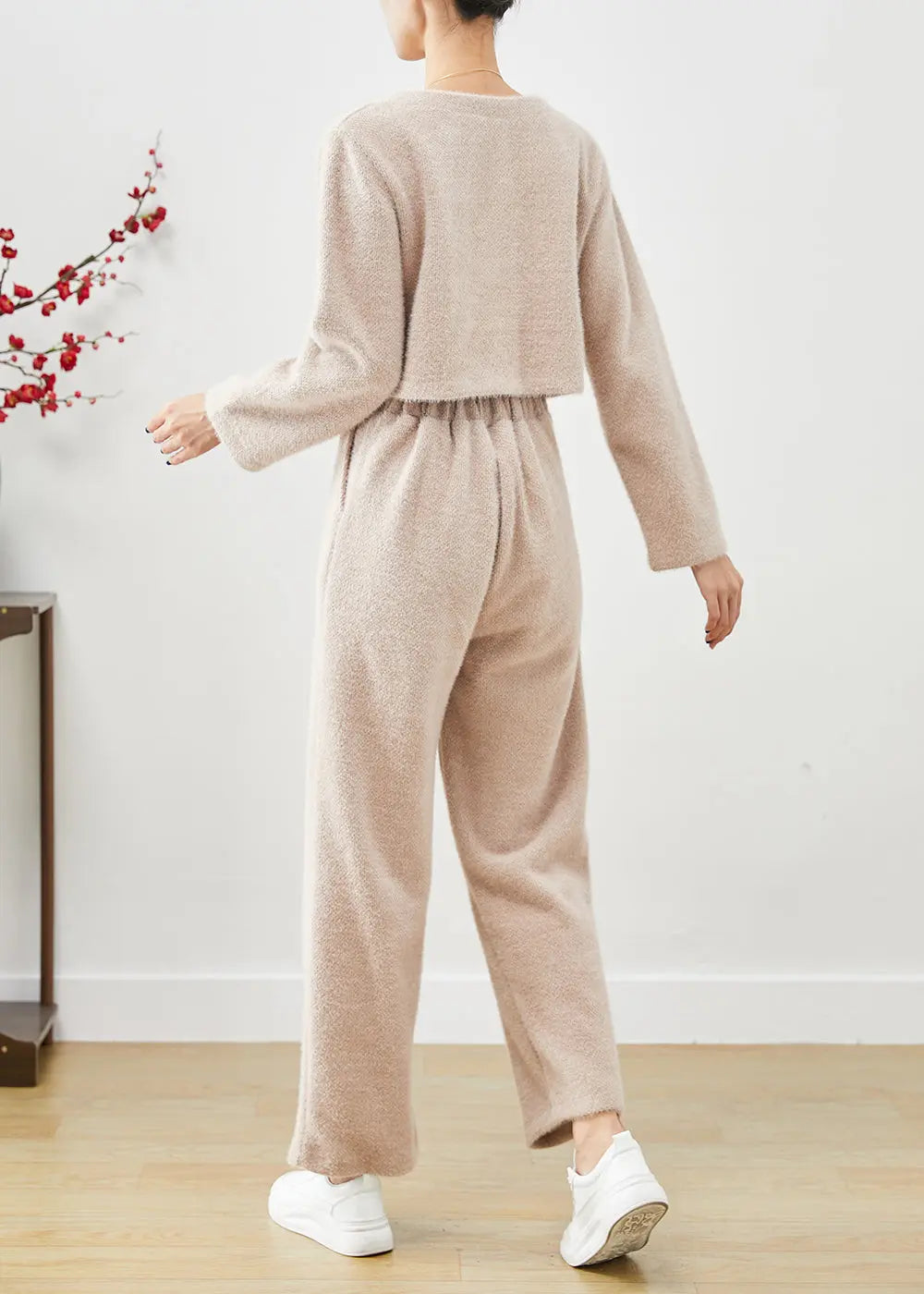 Chic Khaki Silm Fit Warm Fluffy Two Pieces Set Fall Ada Fashion