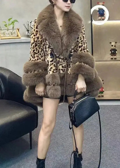 Chic Leopard Fur Collar Drawstring Patchwork Faux Leather Coats Winter Ada Fashion