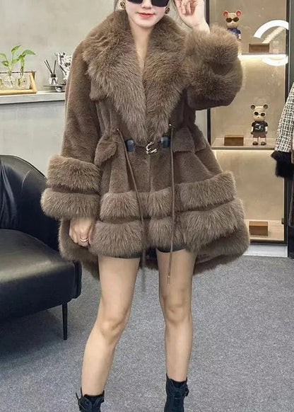 Chic Leopard Fur Collar Drawstring Patchwork Faux Leather Coats Winter Ada Fashion