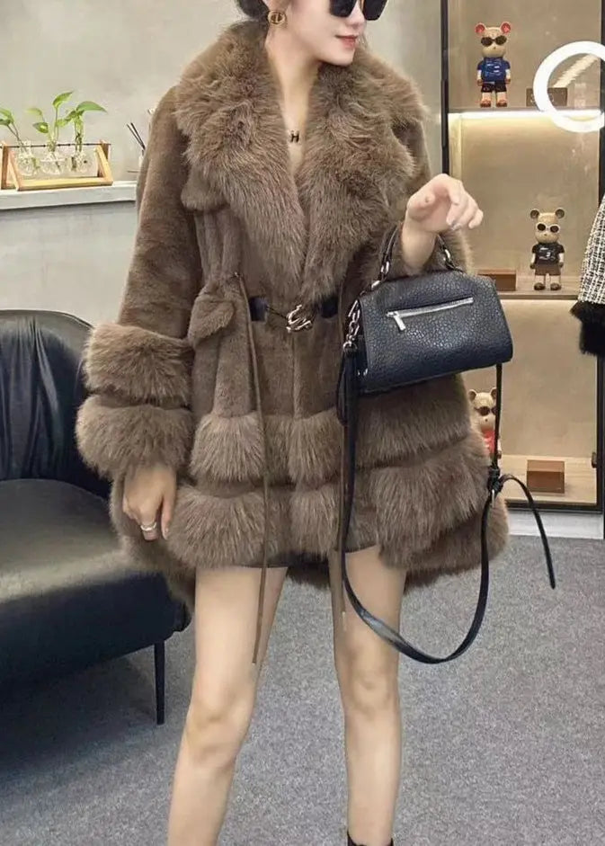 Chic Leopard Fur Collar Drawstring Patchwork Faux Leather Coats Winter Ada Fashion