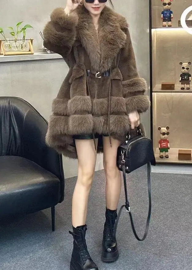 Chic Leopard Fur Collar Drawstring Patchwork Faux Leather Coats Winter Ada Fashion