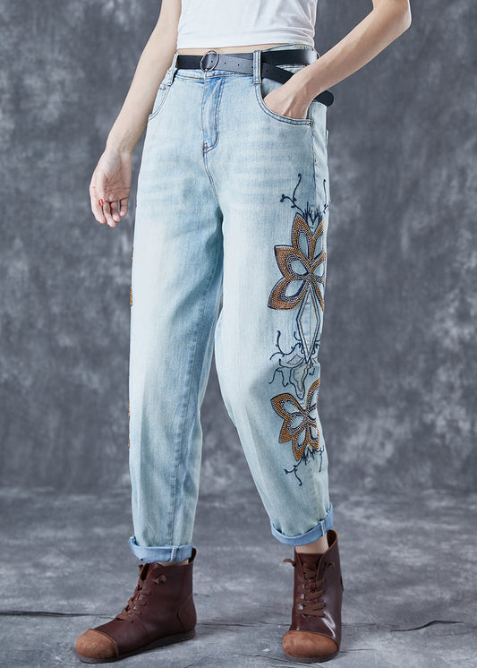 Chic Light Blue Embroideried Zircon Denim Harem Pants Summer LY5672 - fabuloryshop