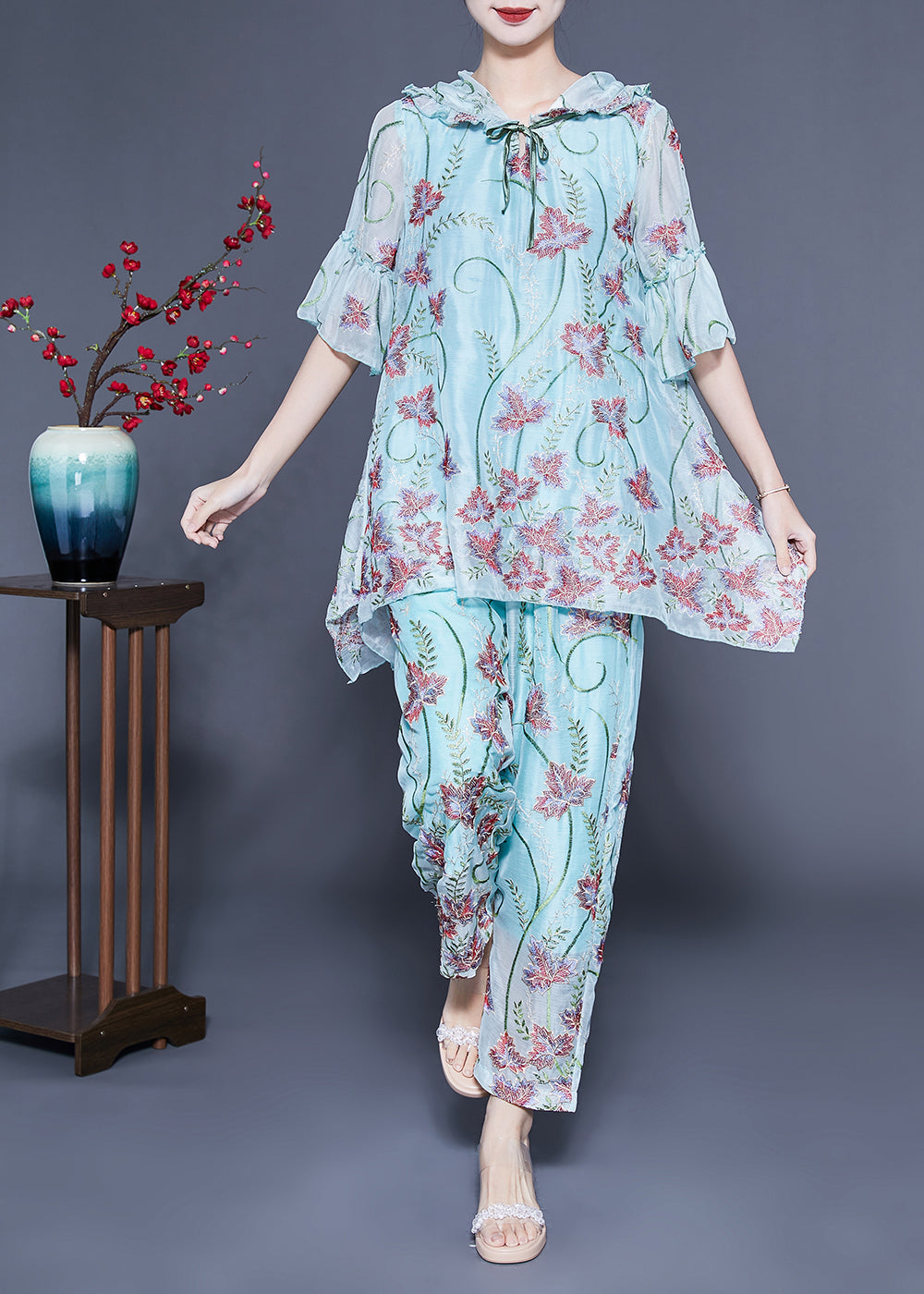 Chic Light Blue Hooded Ruffled Embroideried Silk Two Pieces Set Flare Sleeve LC0405 - fabuloryshop