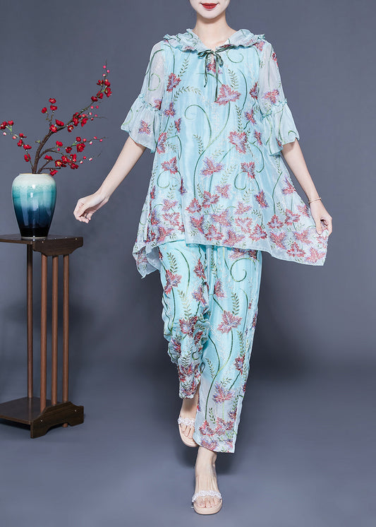 Chic Light Blue Hooded Ruffled Embroideried Silk Two Pieces Set Flare Sleeve LY1135 - fabuloryshop