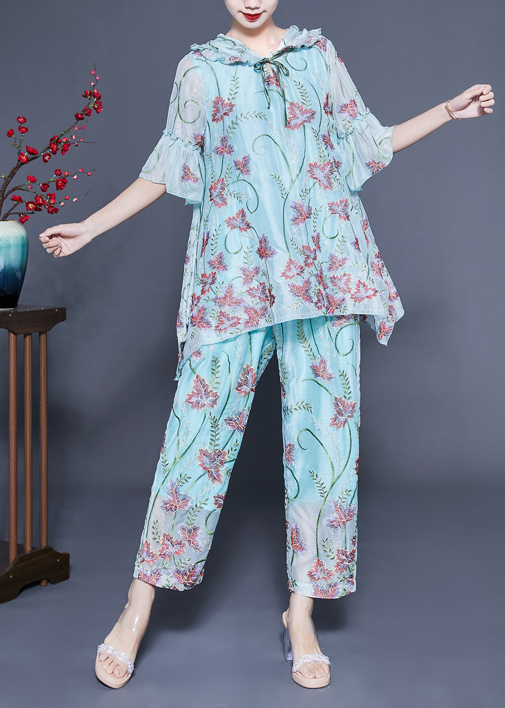 Chic Light Blue Hooded Ruffled Embroideried Silk Two Pieces Set Flare Sleeve LC0405 - fabuloryshop