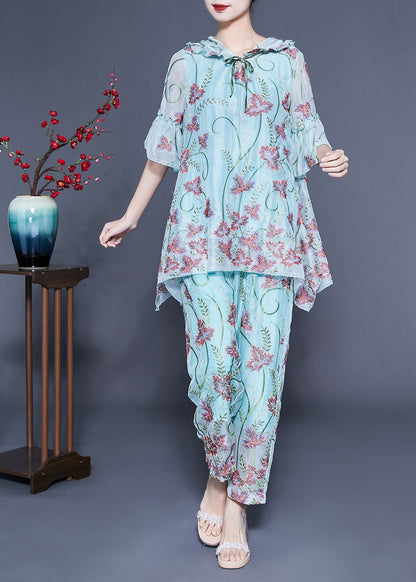 Chic Light Blue Hooded Ruffled Embroideried Silk Two Pieces Set Flare Sleeve LC0405 - fabuloryshop