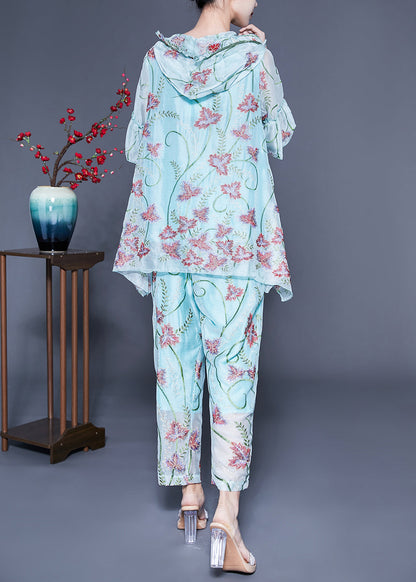 Chic Light Blue Hooded Ruffled Embroideried Silk Two Pieces Set Flare Sleeve LC0405 - fabuloryshop