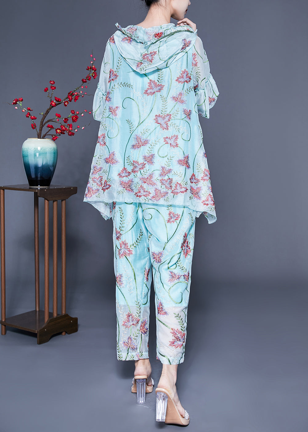 Chic Light Blue Hooded Ruffled Embroideried Silk Two Pieces Set Flare Sleeve LY1135 - fabuloryshop