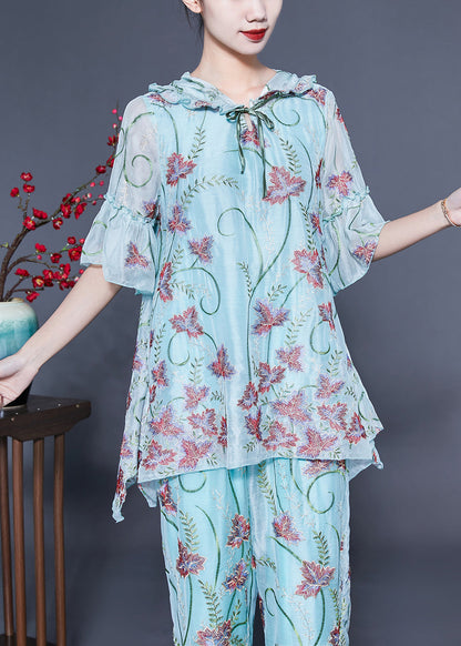 Chic Light Blue Hooded Ruffled Embroideried Silk Two Pieces Set Flare Sleeve LC0405 - fabuloryshop