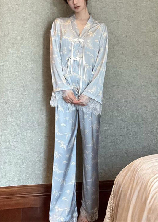 Chic Light Blue V Neck Print Button Ice Silk Pajamas Two Pieces Set Long Sleeve TO1004 - fabuloryshop