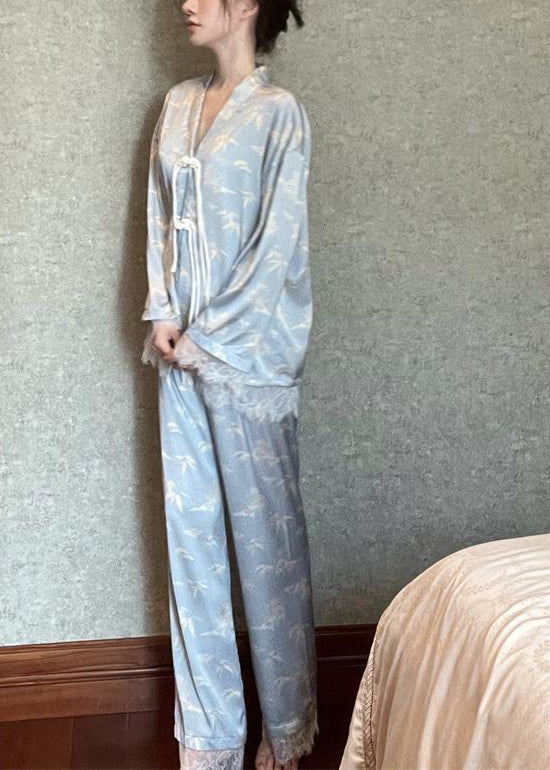 Chic Light Blue V Neck Print Button Ice Silk Pajamas Two Pieces Set Long Sleeve LY1871 - fabuloryshop