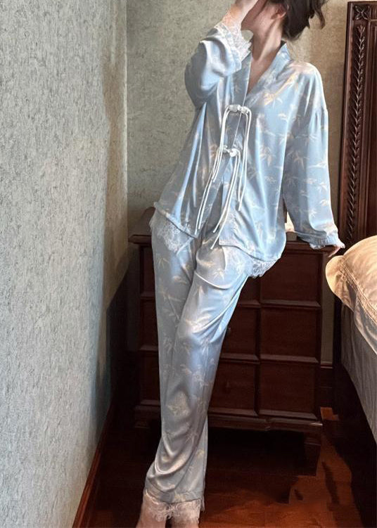 Chic Light Blue V Neck Print Button Ice Silk Pajamas Two Pieces Set Long Sleeve LY1871 - fabuloryshop