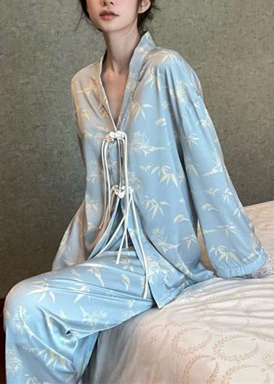 Chic Light Blue V Neck Print Button Ice Silk Pajamas Two Pieces Set Long Sleeve TO1004 - fabuloryshop