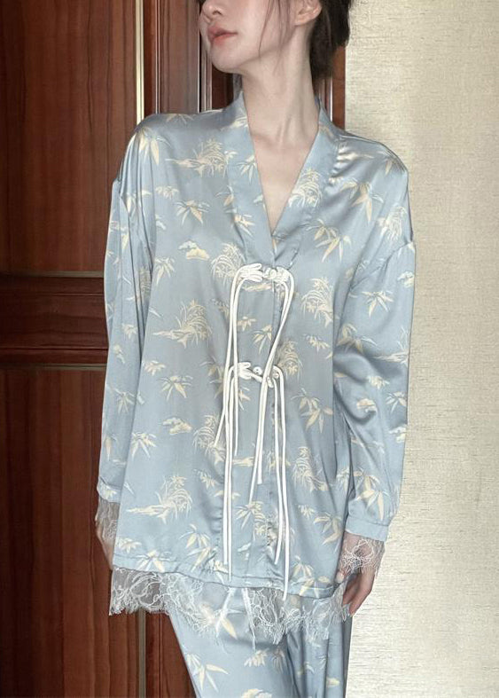 Chic Light Blue V Neck Print Button Ice Silk Pajamas Two Pieces Set Long Sleeve TO1004 - fabuloryshop