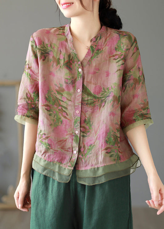 Chic Lotus Root Pink Color Print Button Linen Shirt Summer Ada Fashion
