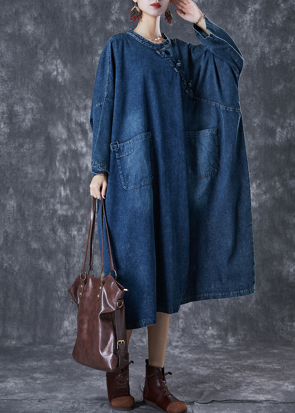 Chic Navy Oversized Chinese Button Denim Maxi Dress Fall Ada Fashion