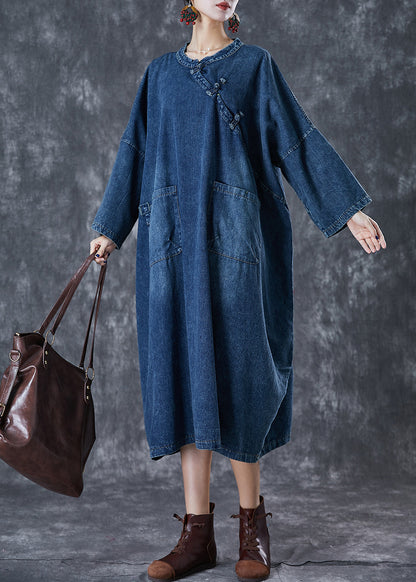 Chic Navy Oversized Chinese Button Denim Maxi Dress Fall Ada Fashion