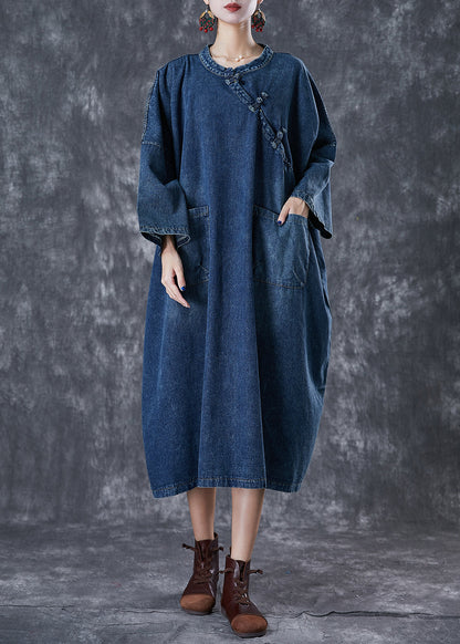 Chic Navy Oversized Chinese Button Denim Maxi Dress Fall Ada Fashion