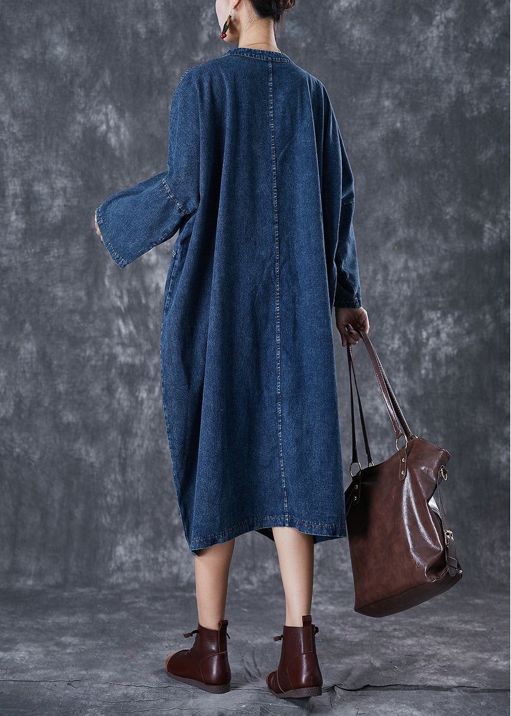 Chic Navy Oversized Chinese Button Denim Maxi Dress Fall Ada Fashion