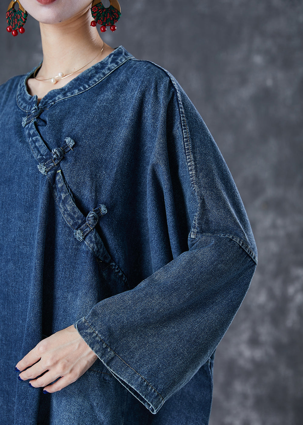 Chic Navy Oversized Chinese Button Denim Maxi Dress Fall Ada Fashion