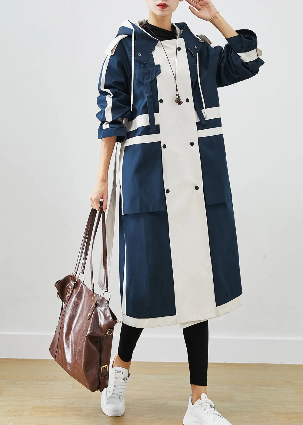 Chic Navy Oversized Patchwork Original Design Cotton Trench Coats Fall Ada Fashion