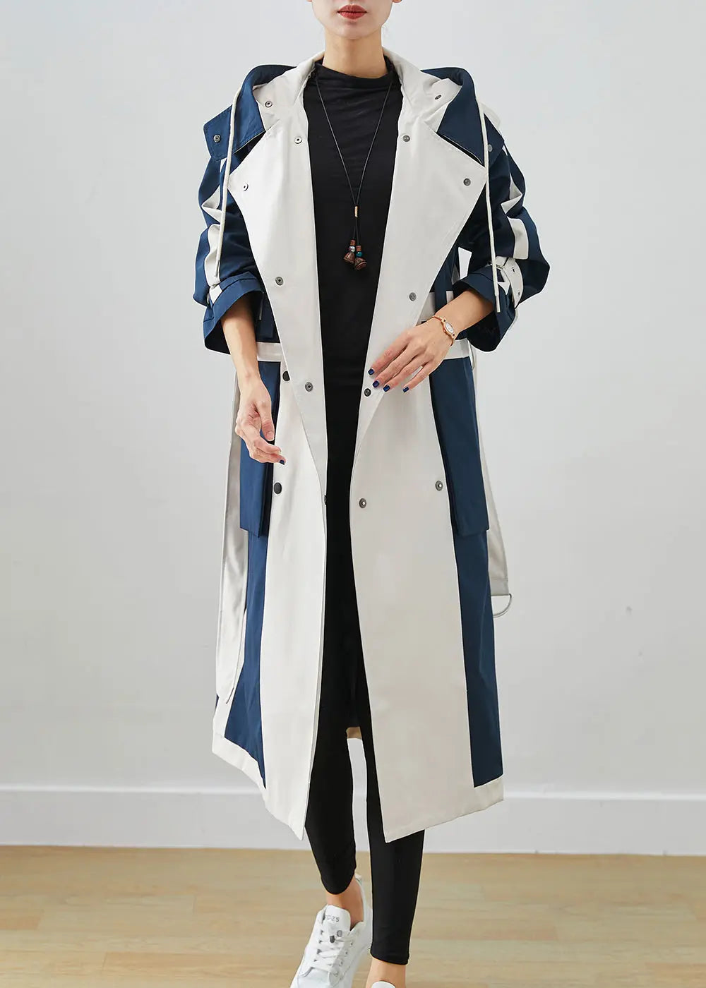 Chic Navy Oversized Patchwork Original Design Cotton Trench Coats Fall Ada Fashion
