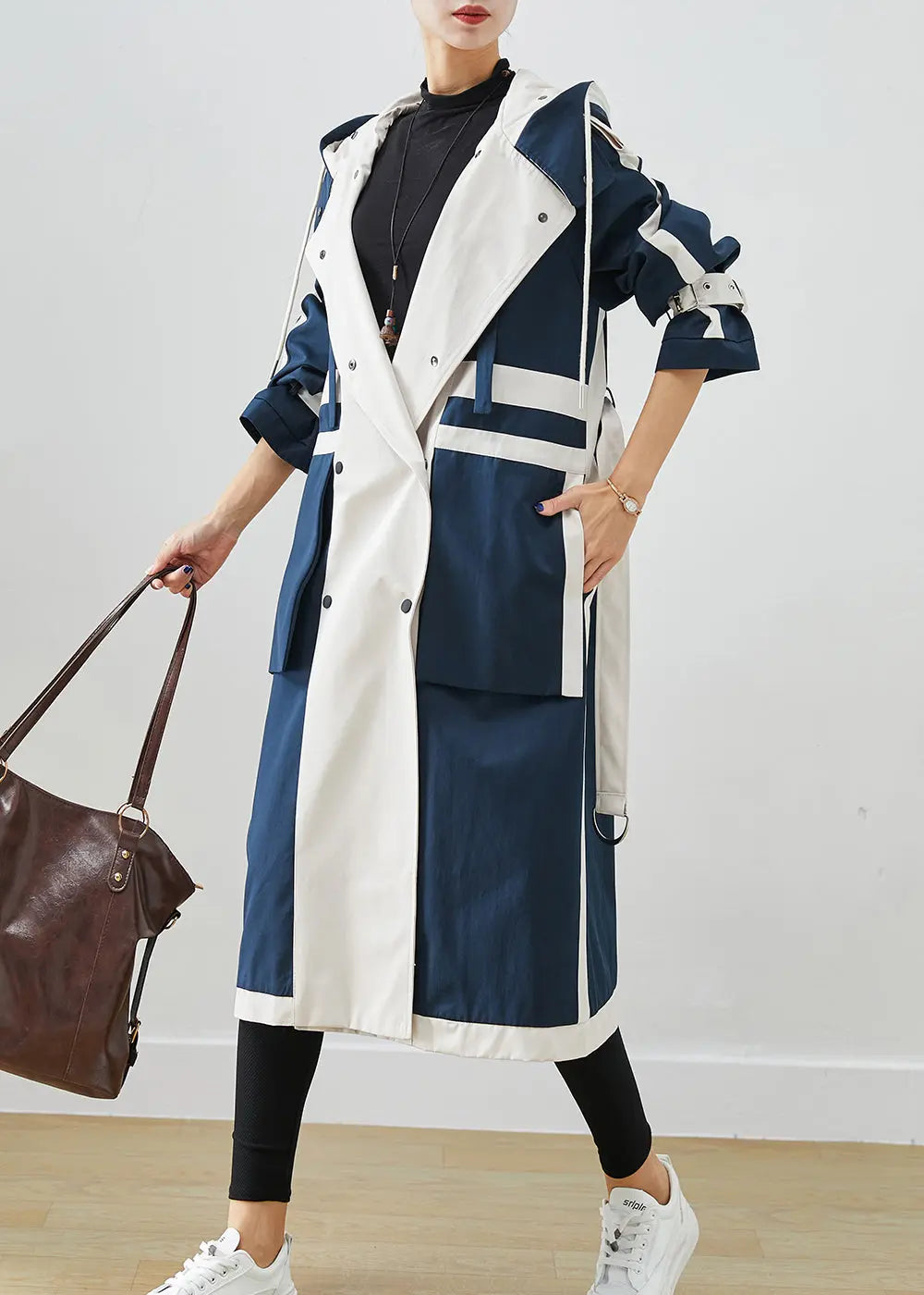 Chic Navy Oversized Patchwork Original Design Cotton Trench Coats Fall Ada Fashion