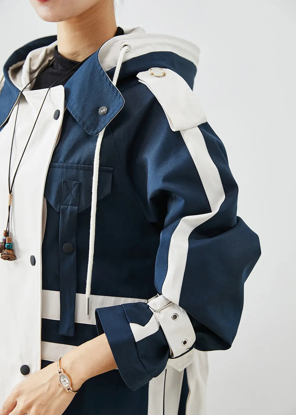 Chic Navy Oversized Patchwork Original Design Cotton Trench Coats Fall Ada Fashion