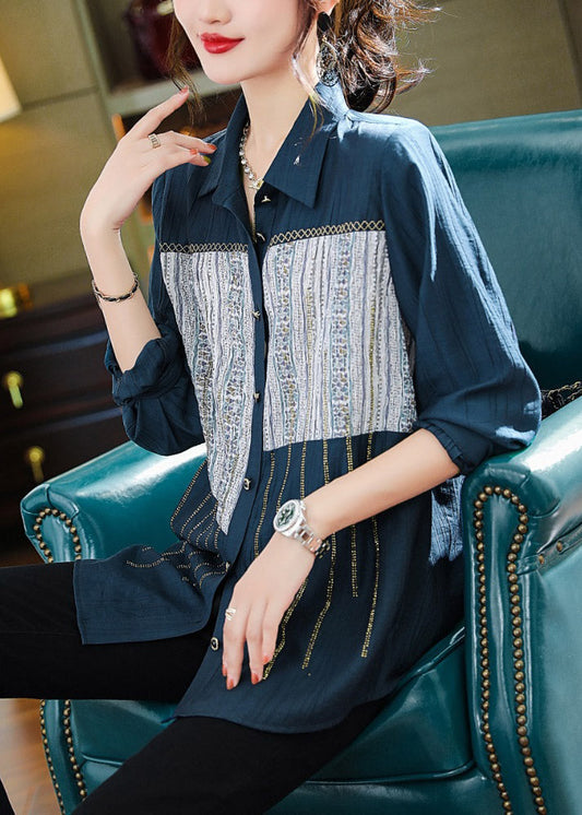 Chic Navy Peter Pan Collar Print Patchwork Button T Shirts Long Sleeve LY1515 - fabuloryshop