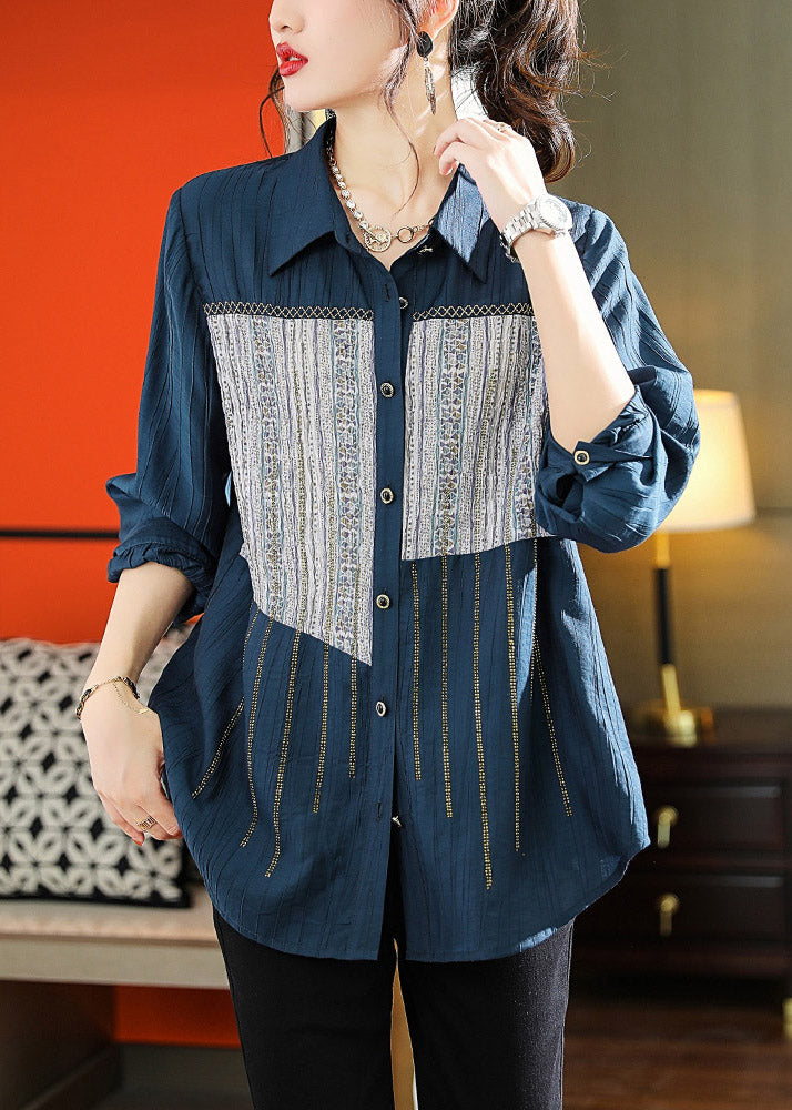 Chic Navy Peter Pan Collar Print Patchwork Button T Shirts Long Sleeve LY1515 - fabuloryshop