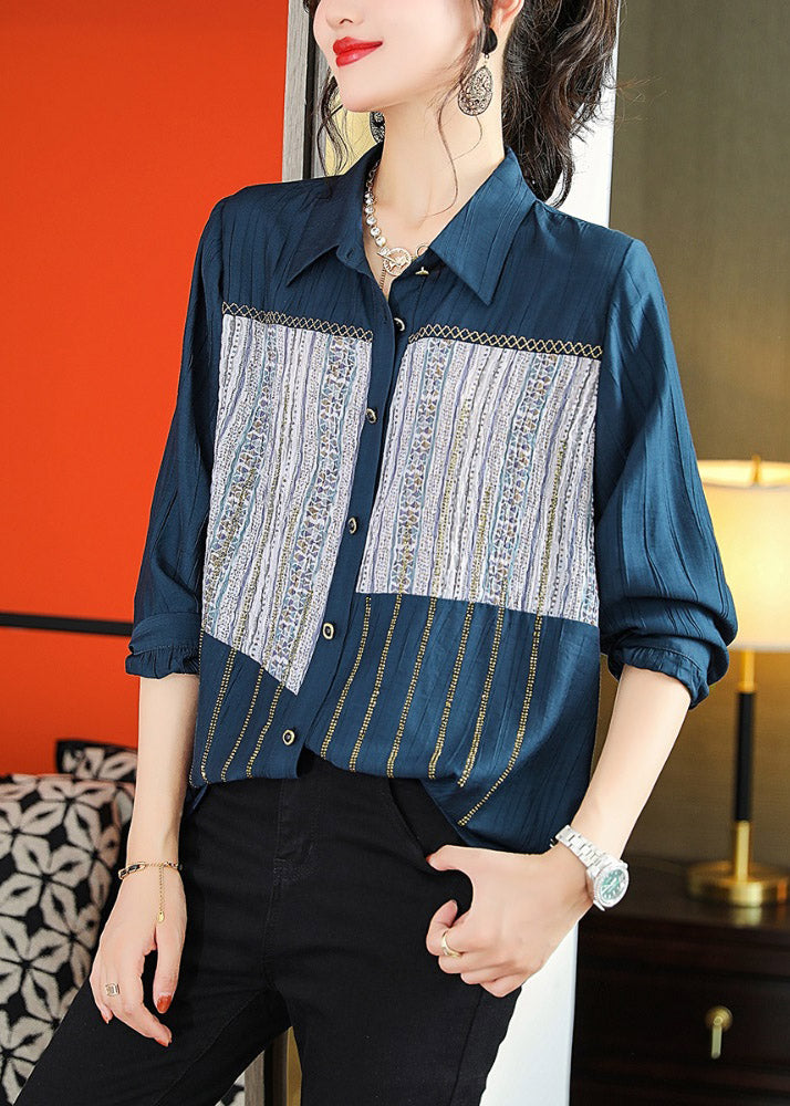 Chic Navy Peter Pan Collar Print Patchwork Button T Shirts Long Sleeve LY1515 - fabuloryshop